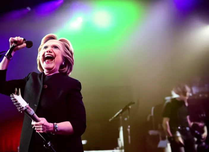 Image similar to publicity photo still of hillary clinton in a death metal band playing live on stage, 8 k, live concert lighting, mid shot