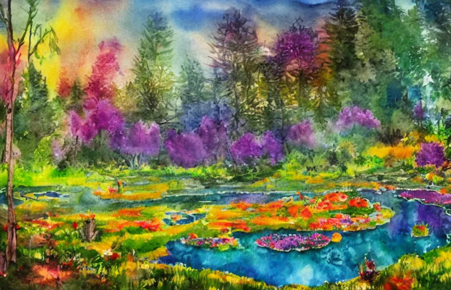 Image similar to sanctuary in colorful flower meadow near a forest with a rainbow pond, double rainbow in the sky, watercolor painting