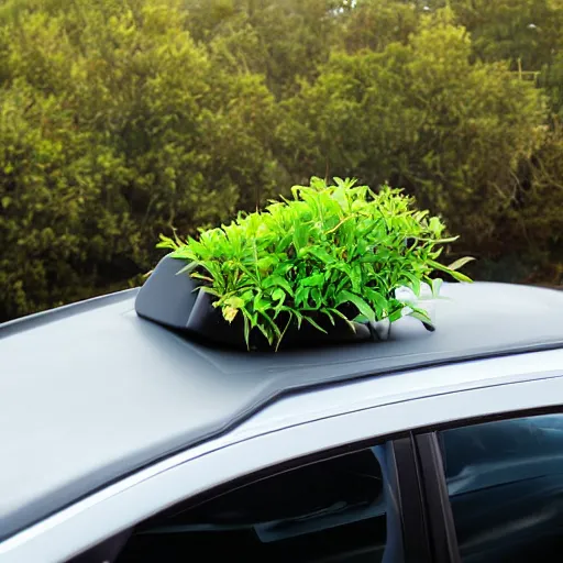 Prompt: small plant on a car back seat, photograph