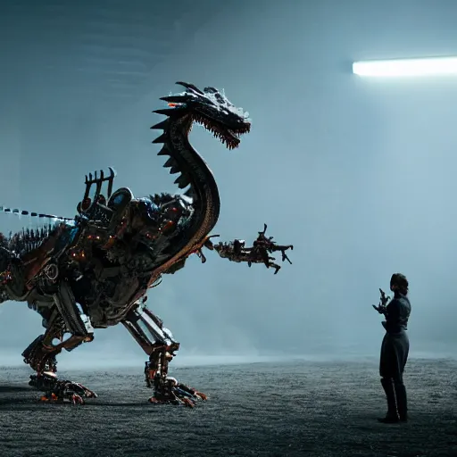 Image similar to cinematic still of westworld, a intact stunning intricate si - fi robotic fantasy dragon, well armored mech dragon, highly detailed