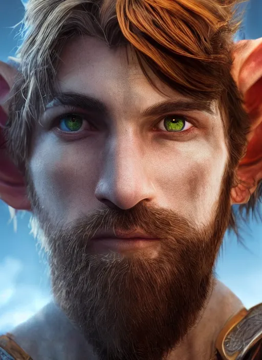 Prompt: A striking epic hyper real painting of an arrogant half elf ranger with shaggy brown hair, scruffy beard, scar on face, blue tunic, unreal 5, DAZ, hyperrealistic, octane render, cosplay, RPG portrait, dynamic lighting