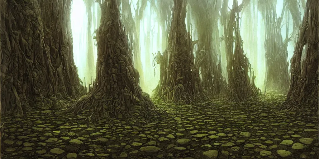 Image similar to artwork by john howe of a forest of abyss elders