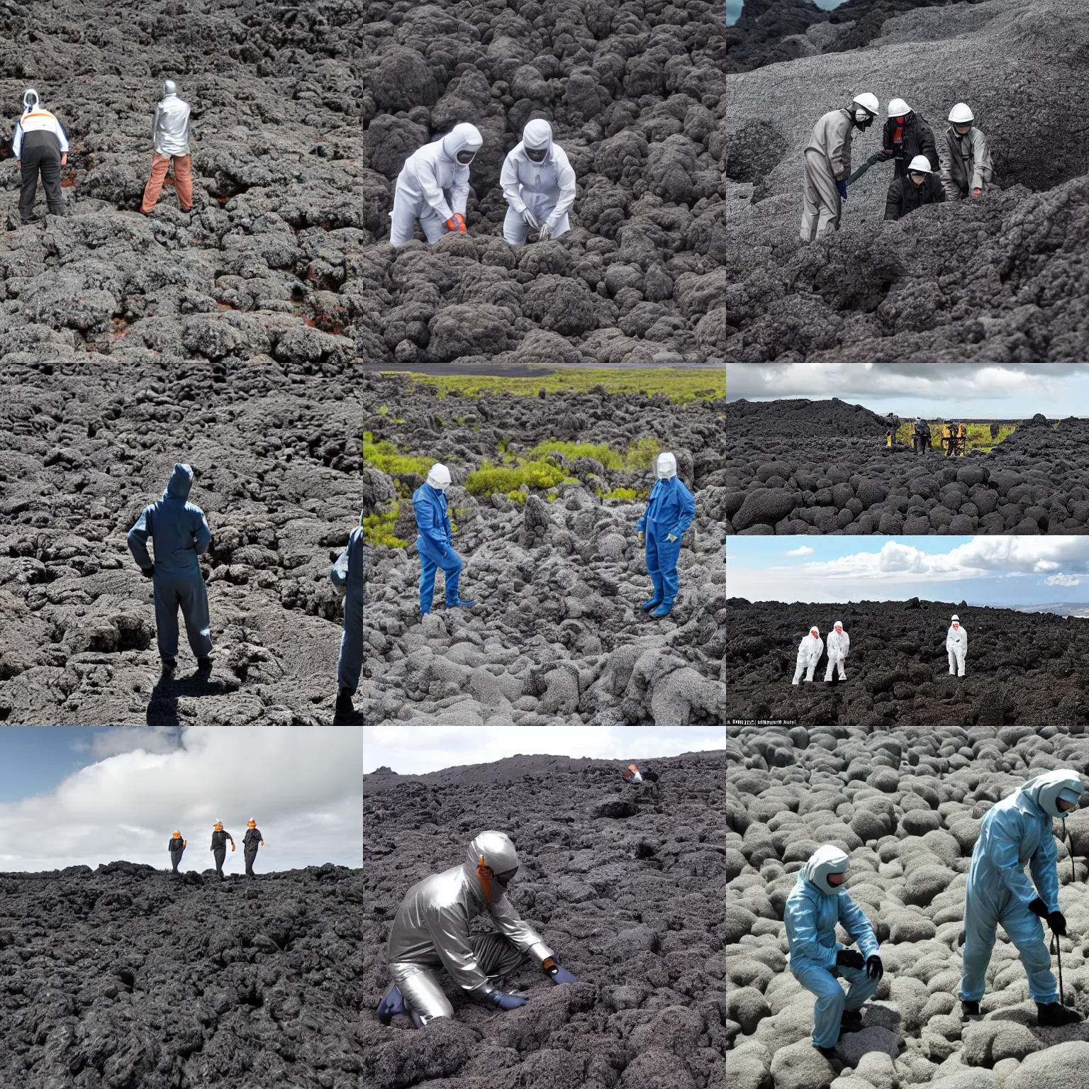Prompt: scientists in a silver bunker suit exploring the lava fields, award winning photograph