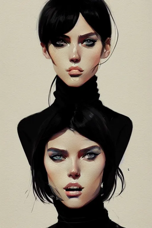 Image similar to a ultradetailed portrait painting of a stylish woman in a black turtleneck by conrad roset, greg rutkowski and makoto shinkai trending on artstation