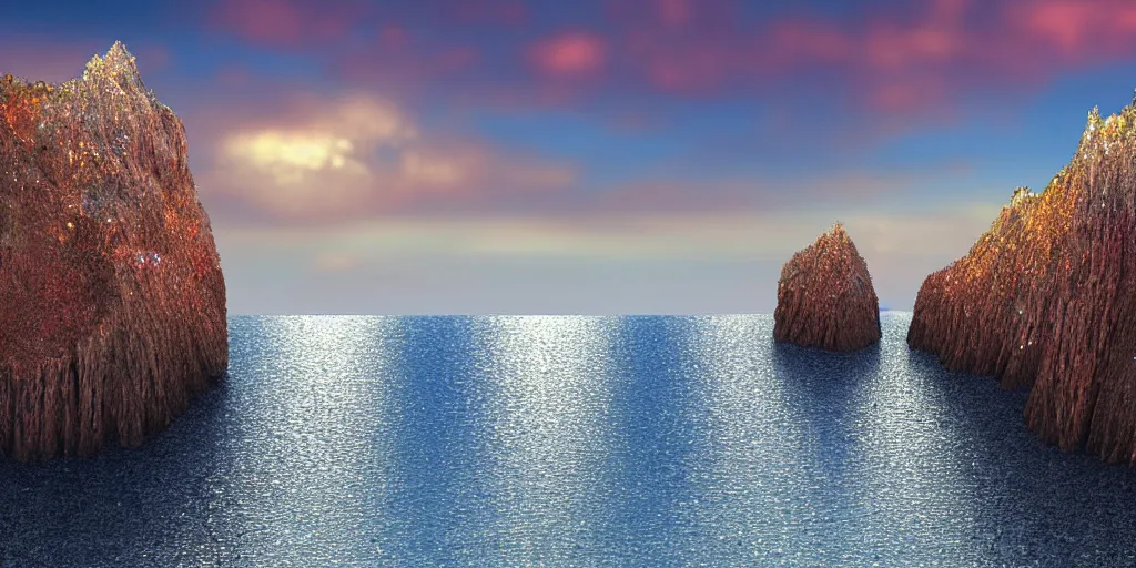 Prompt: glittering multicolored crystal cliffs, viewed from the ocean, high quality digital art,