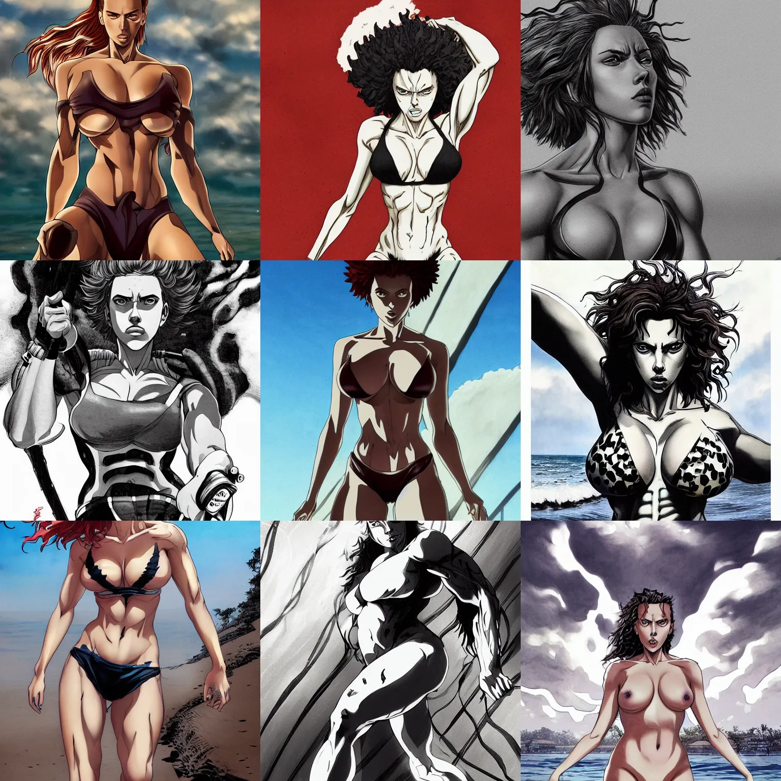 Prompt: scarlett johansson as baki with perfect symmetrical anatomical proportions, afro samurai animes style, by greg rutkowski, pencil and ink, full colour, dramatic lighting, wide angle lens, full body within frame, wearing leather swim suite, beautiful beach in the background sharp, smooth, intricate detail, hyper detail, vogue