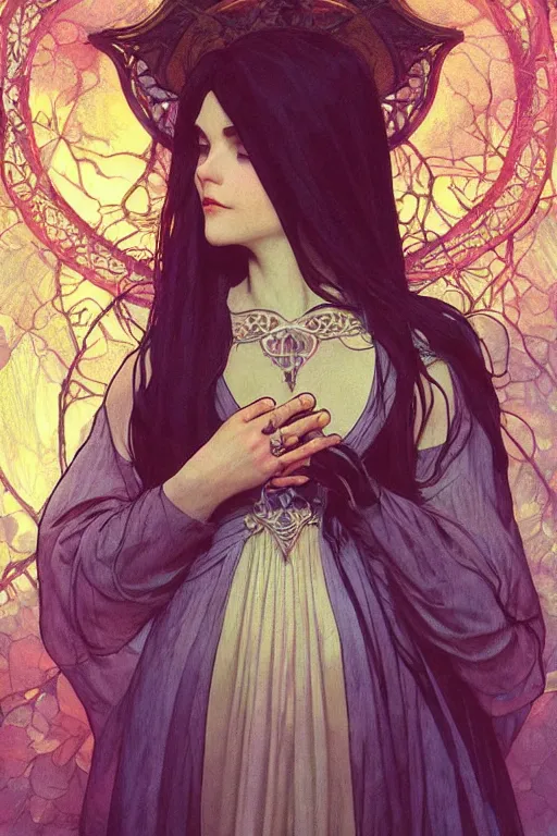 Prompt: a beautiful render of absolutely beautiful witch, gothic background, a beautiful face, perfectly shaded, atmospheric lighting, style of makoto shinkai, raphael lacoste, louis comfort tiffany, artgerm, karol bak, james jean, alphonse maria mucha