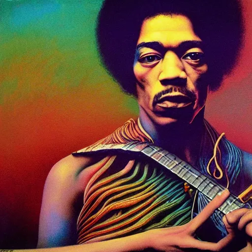 Prompt: colour masterpiece surreal closeup portrait photography jimi hendrix by miho hirano and annie leibovitz and michael cheval, psychedelic smoke background by kilian eng and roger dean and salvador dali and beksinski, 8 k