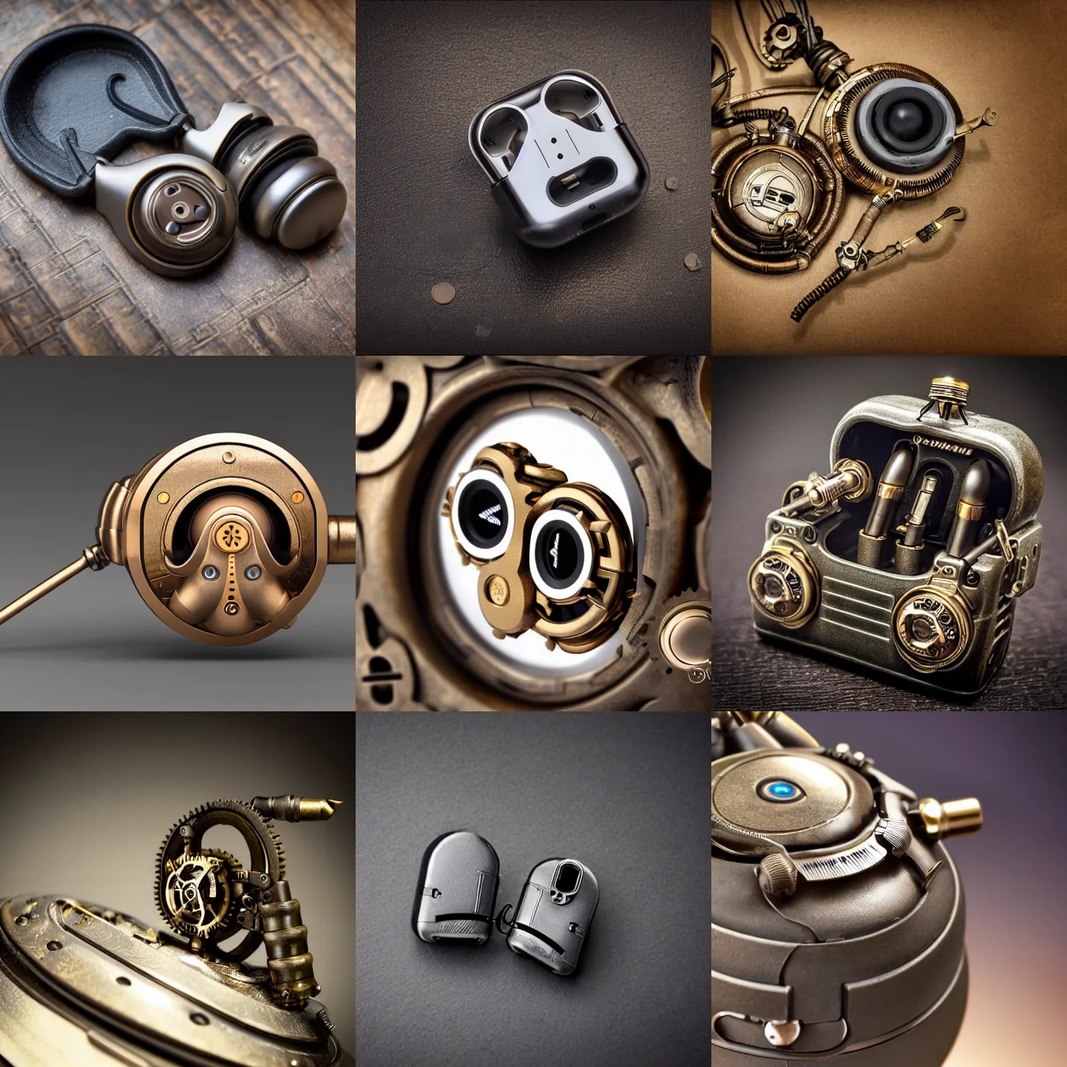 Prompt: steampunk airpods, product photo, studio, highly detailed, macro