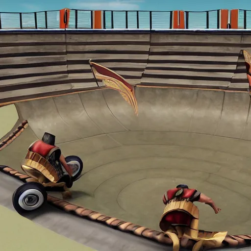 Image similar to roman chariot racing in a skate park half-pipe, video game cover