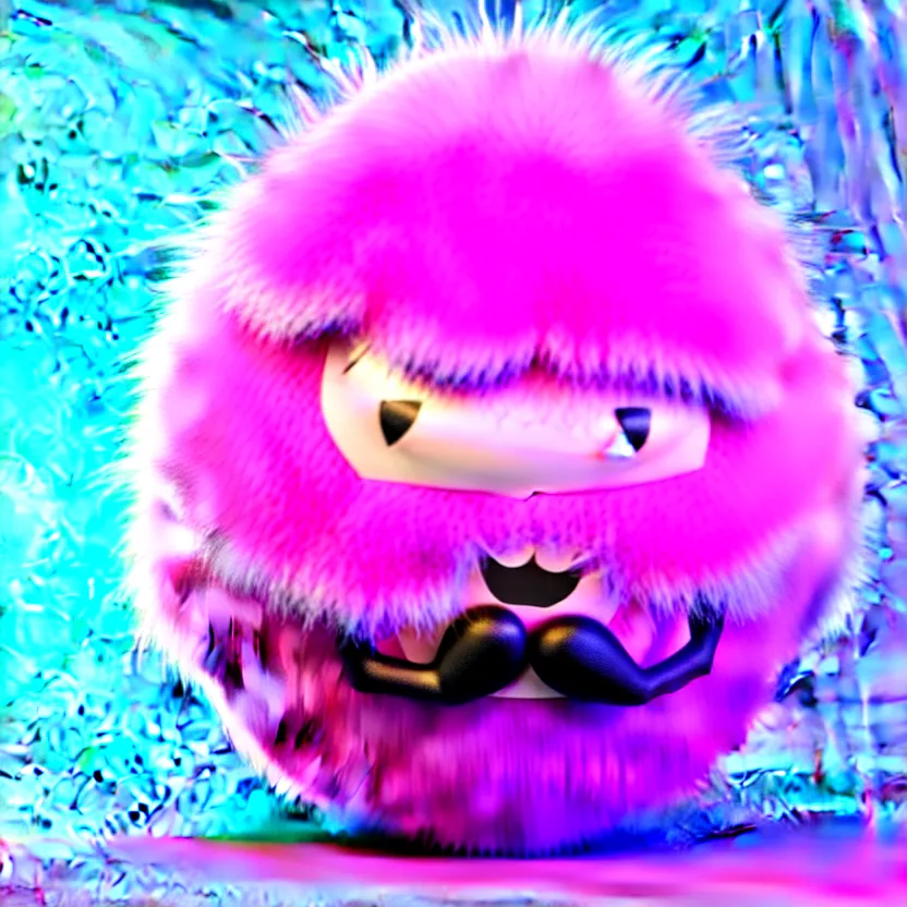 Image similar to high quality 3 d render hyperrealistic very cute big spherical creature, mustache, plush mascot, short spiky dense fluffy smooth hair, isometric 3 d, psychedelic lighting pink fluffy fur 1 cm long, 1 5 0 mm, smooth background, artstation, ultra detailed, elegant, ultra detailed, octane render