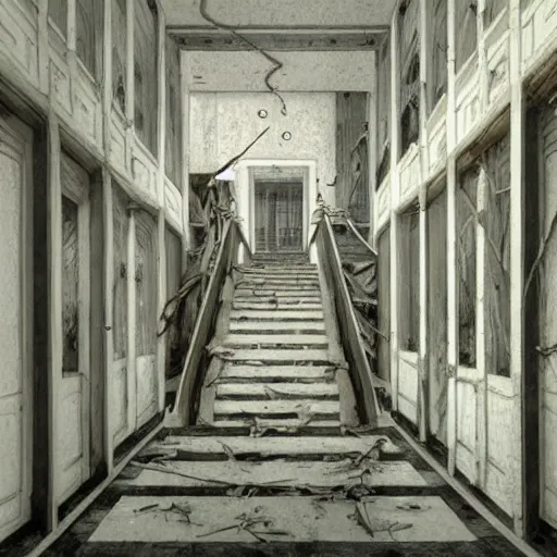Image similar to a bright white hallway with many doors and stairs full of fungus and mushrooms and rot, Mc Escher architecture, epic composition, decay, by makoto shinkai