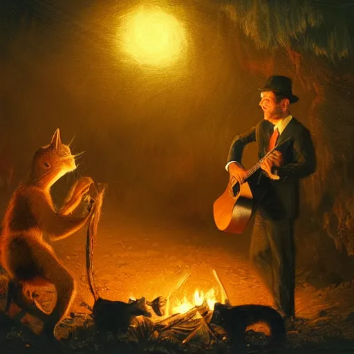 Prompt: cute caracals in red ties playing a guitar near campfire, night, atmospheric lighting, intricate, volumetric lighting, digital art, highly detailed by gaston bussiere, craig mullins, j. c. leyendecker 8 k