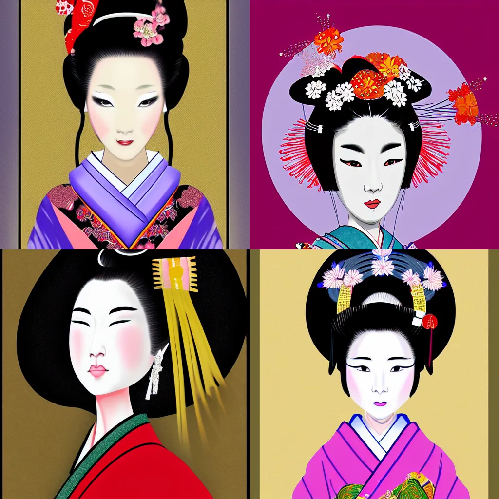 Prompt: digital painting of a beautiful geisha in the style of neo - nihonga