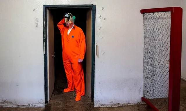 Image similar to full distant shot of a dirty jail cell in guantanamo bay prison with donald trump wearing an orange jump suit crying in it, photograph, realistic, dramatic lighting