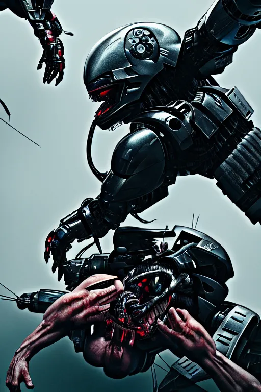 Image similar to a hyper detailed cinematic side profile photo of The Predator playing Rock Paper Scissors with Robocop while danny devito hangs upside down from a snare trap in the background trending on artstation, Ultra detailed, hyper realistic 4k