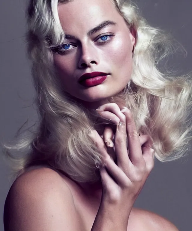 Prompt: a color photograph of margot robbie, by annie leibovitz and thomas ruff, platinum blond, intense, bold, exaggerated, overblown, ultra sharp, extra details, ultra high quality, trending on pinteresst