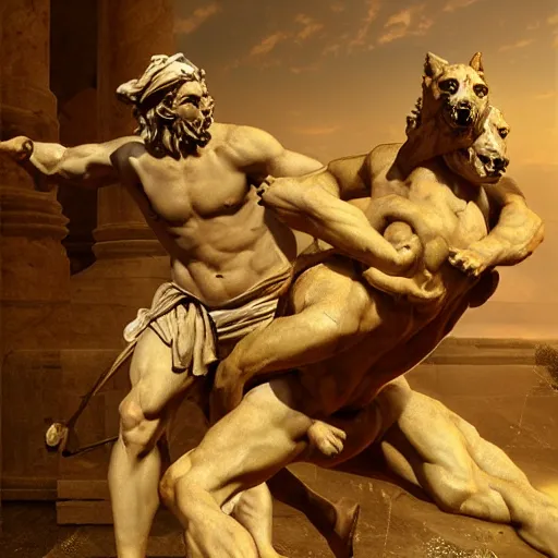Prompt: greek statue of cerberus fighting Hercules, historical artwork, museum art, rome greece, artstation, tumblr