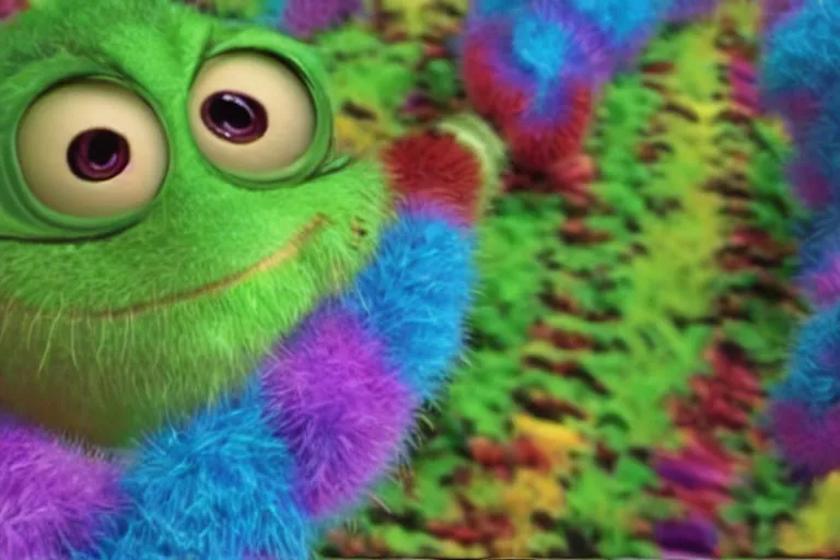 Image similar to disney pixar's a bug's life, cgi caterpillar colorful, furry caterpillar