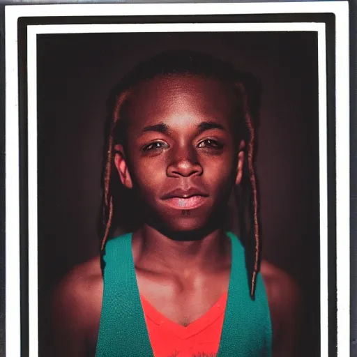 Image similar to photo of a black boy with colored dread, in dark room flash polaroid effect