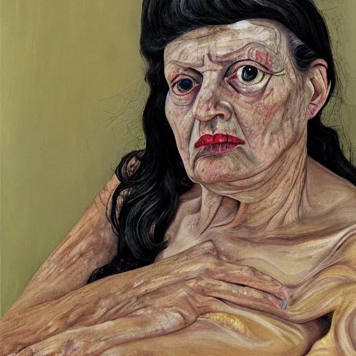 Image similar to high quality high detail painting by lucian freud, hd, portrait of dark woman witch