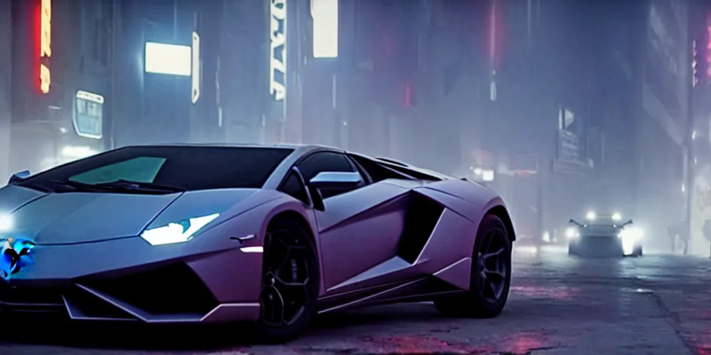 Image similar to A cinematic film still of a Lamborghini in the movie Blade Runner: 2049.