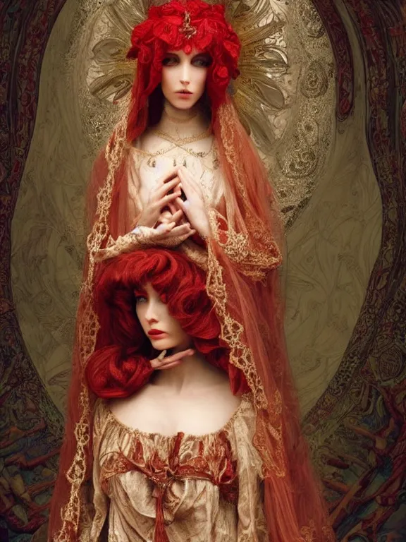 Prompt: a beautiful render of a catholic veiled red queen with symmetry intricate detailed ,pray,by Andrei Riabovitchev,Enchanted doll,Lawrence Alma-Tadema,aaron horkey,Billelis,trending on pinterest,hyperreal,feminine,golden ratio,cinematic lighting