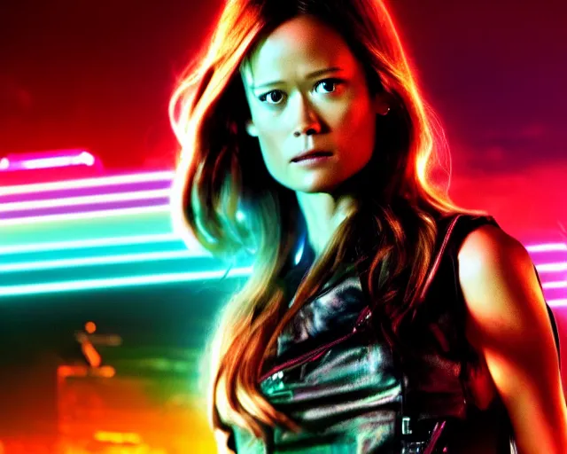 Image similar to summer glau as synthwave terminator, action movie still, 4k, cdx