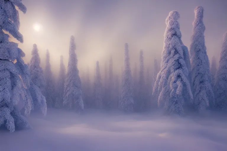 Prompt: lapland, cannon snow covered trees, volymetric light, ethereal, dusk, by noah bradley and john howe