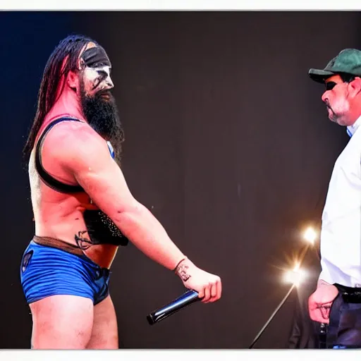 Image similar to professional wrestler rambo funk, being interviewed on stage. award winning photo. 8 k.