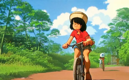 Prompt: a young girl riding a bike with a basket on a dirt path in a small town, 1970s philippines, art by hayao miyazaki, studio ghibli film, hi res, 4k