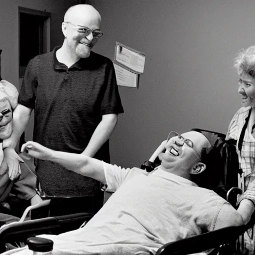 Image similar to a male patient in a wheelchair in the hospital with his wife and son standing by. happy, cheerful, smiling, cinematic lighting, art by emiliya lane, margaret dyer