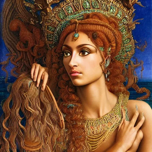 Prompt: intricate detail, exquisite detail, atlantis, tan skin goddess lilith inanna ishtar, nefertiti lady of elche, african sybil, hazel green eyes, aqua eyebrows, aqua rapunzel afro, detailed, sandro botticelli, gaston bussiere, h. r giger, richard hescox, masterpiece, focus,