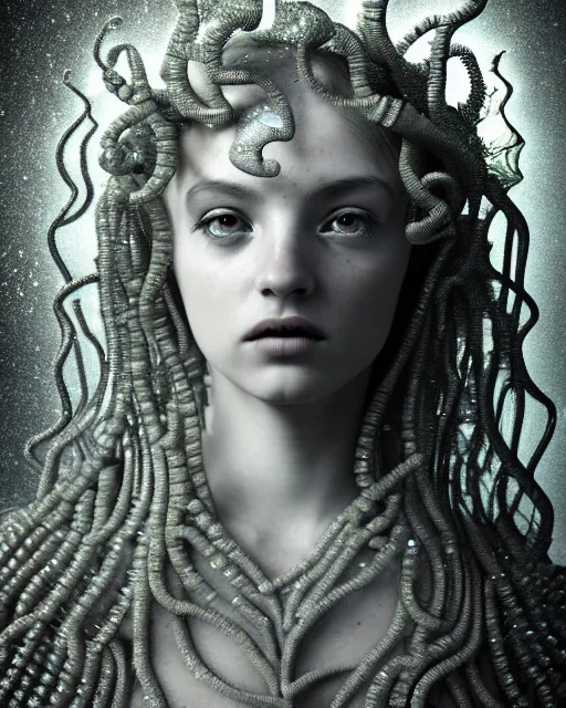 Image similar to surreal mythical dreamy underwater artistic bw photo of a beautiful young female angelic - medusa - cyborg covered with fish scales and algae, highly detailed, intricate crystal ivy jelly fish scales ornate, poetic, octane render, 8 k, photo - realistic, in the style of gustave dore and preraphaelites