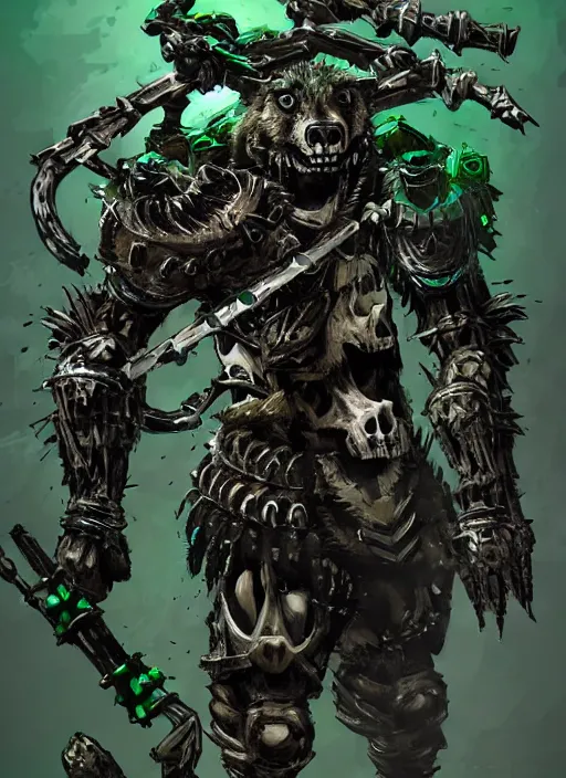 Image similar to Full body portrait of a gnoll warrior with a armour made of bones, emanating with green aura. In style of Yoji Shinkawa and Hyung-tae Kim, trending on ArtStation, dark fantasy, great composition, concept art, highly detailed, dynamic pose.