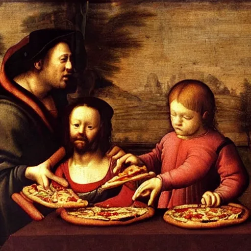 Image similar to a renaissance materpiece painting of a man and his son eating pizza and watching television, leonardo da vinci