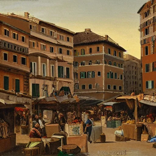 Prompt: the view of a street market, buildings in rome by martinus rørbye