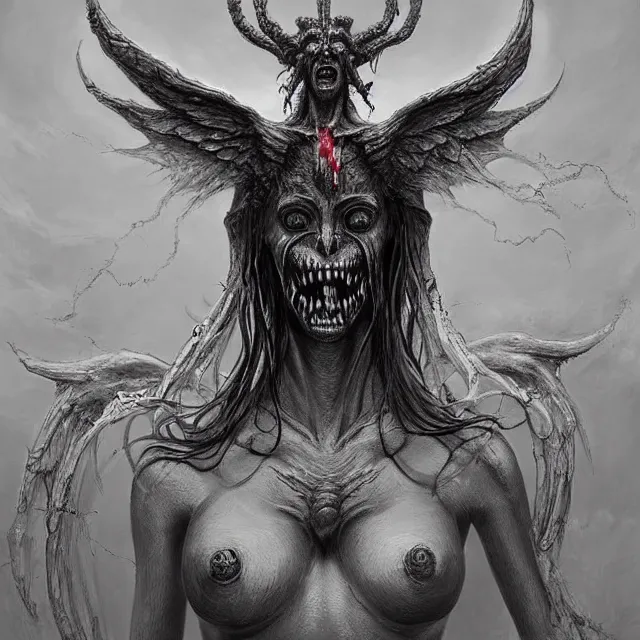 Image similar to concept art of a impossible big demonic eldritch angel with mismatched animal features with her bloody mouth open wide revealing past victims in the style of zdzisław beksinski in the style of h. r. giger trending on artstation deviantart pinterest furaffinity detailed realistic hd 8 k high resolution