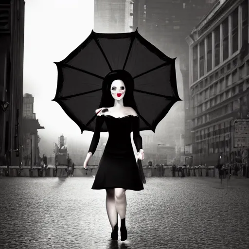 Image similar to morticia addams holding an parasol during a [ humid, rainy day ] as she saunters across the city, trending on artstation, 4 k photorealism, unsplash contest winner, shot by jimmy nelson