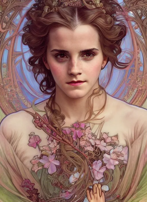 Prompt: Emma Watson as God of Beauty, cute, fantasy, intricate, elegant, highly detailed, digital painting, 4k, HDR, concept art, smooth, sharp focus, illustration, art by alphonse mucha,artgerm, H R Giger