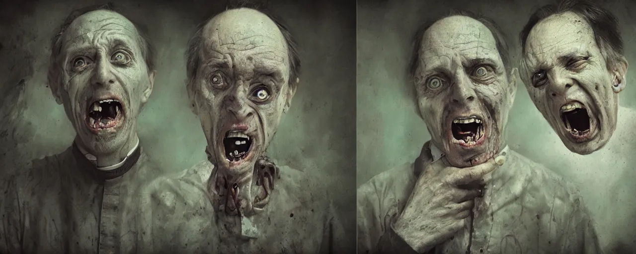 Prompt: vintage color footage exaggerated sombre exorcism scared priest by joshua hoffine, wide open mouth in terror by alex stoddard, crying figures inside mental hospital portrait by belinski giger, artstationhq iamag