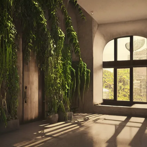 Image similar to modern interior with arched windows, natural sunlight, summer, hanging plants, cinematic, cyberpunk, lofi, calming, dramatic, fantasy, by zdzisław beksiński, Fantasy LUT, high contrast, epic composition, sci-fi, dreamlike, surreal, angelic, cinematic, 8k, unreal engine, hyper realistic, fantasy concept art,