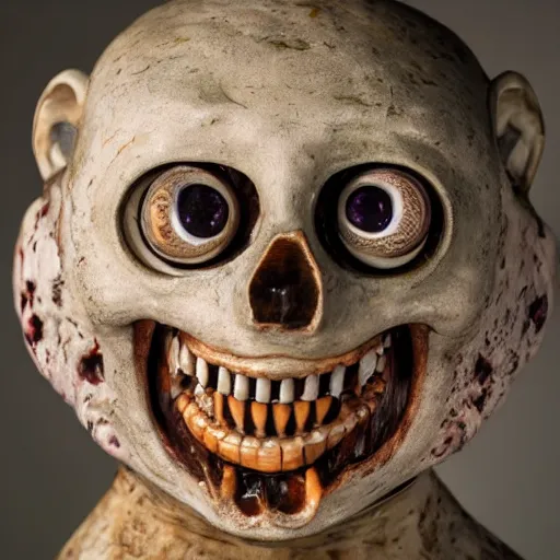 Image similar to a taxidermized smiling horror of the abyss, in a museum, on a pedestal, 8 5 mm lens, 7 0 mm entrance pupil diameter, close - up photograph, high detail, 4 k, soft focus, depth of field