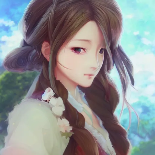 Image similar to beautiful anime art of aerith gainsborough by WLOP, rossdraws, Logan Cure, Mingchen Shen, BangkuART, sakimichan, yan gisuka, JeonSeok Lee, zeronis, Chengwei Pan on artstation