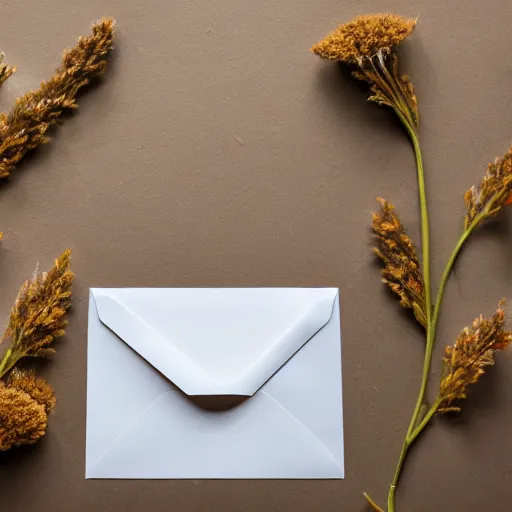 Image similar to still life aesthetic layout of letter, open envelope, dried flowers, oil on canvas