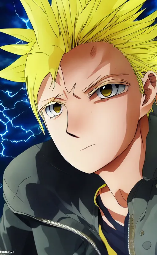 Image similar to Anime key visual of a young boy with spikey yellow hair and lightning powers, Illustrated by Kohei Horikoshi, high quality face, detailed eyes, big eyes, official media, 8k, anime, detailed, HD