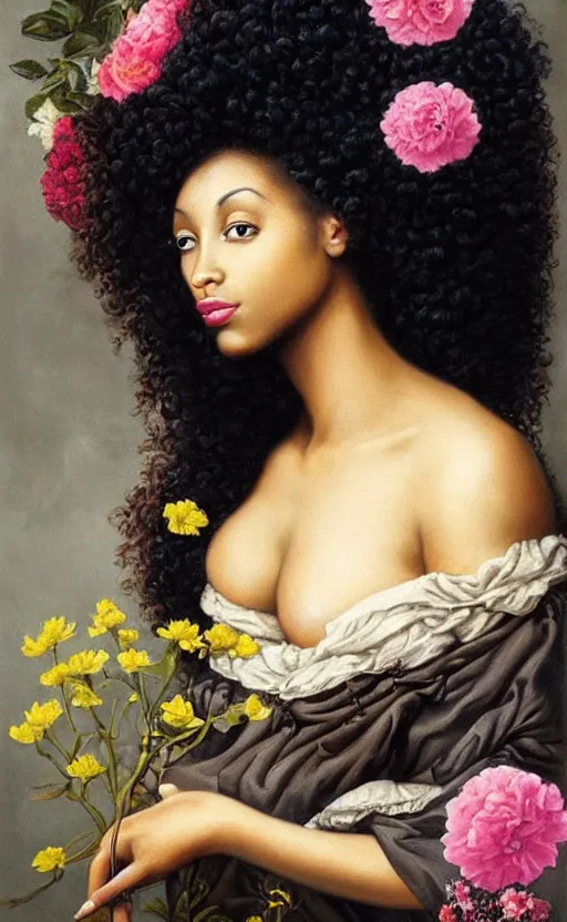 Prompt: surrealism, beautiful black woman with curly hair, holding flowers, hyper realism, muted colours, rococo
