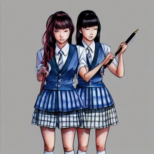 Image similar to a perfect, realistic professional digital sketch of two hyperrealistic Japanese schoolgirls posing, in style of Marvel, full length, by pen and watercolor, by a professional American senior artist on ArtStation, a high-quality hollywood-style sketch, on high-quality paper