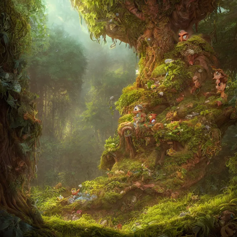 Prompt: illustration of tiny seeds floating around a fairytale tree in a forest glade by Justin Gerard, evening light, fantasy art, trending on artstation