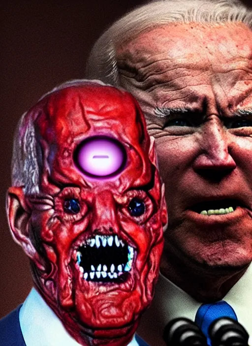 Prompt: hyper realistic terror photo Doom furious glowing red eyes biden admonishing rebuke
